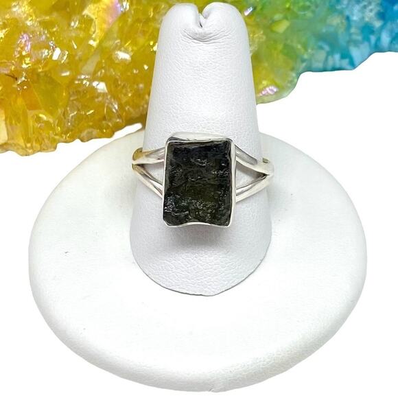 Jewelry - Moldavite Ring Size 9 Solid 925 Sterling Silver Raw Rough Stone Genuine Natural